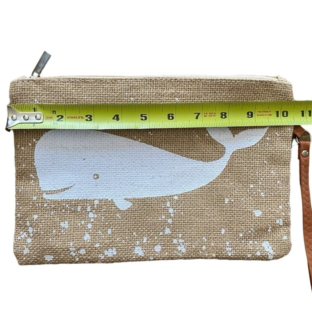 Burlap Whale Clutch Wristlet Pouch Tan/White NWOT